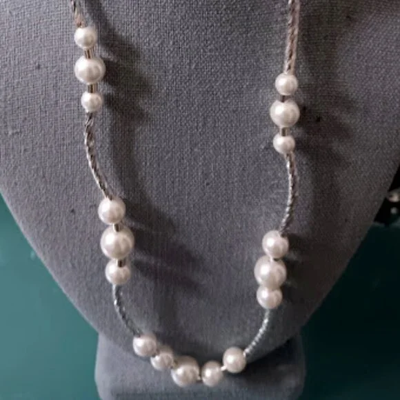 OCCASION 2pc Romantic White Pearl Textured Silver Station Necklace/Earrings Set - Picture 3 of 5